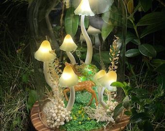 Handmade Mushroom Night Light with Fawn: Enchanted Forest Table Lamp