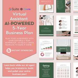 Op de afbeelding: Een digitale businessplan sjabloon met een roze en groen kleurenschema. De titel luidt "Virtual Assistant AI-POWERED 5-Year Business Plan". De sjabloon bevat secties voor bedrijfsdoelen, onderzoek en marktanalyse. De tekst zegt "Direct downloaden".