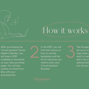 May include: A green and white illustration shows three steps to using a virtual assistant social media calendar. Step 1: After purchasing the calendar, you will receive a PDF download link. Step 2: The PDF includes instructions on how to use the templates and resources. Step 3: The Google Sheets are set up to create a copy when you first want to use them.