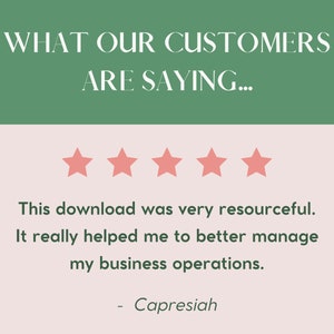 May include: A five-star review with the text "This download was very resourceful. It really helped me to better manage my business operations." and the name "Capresiah" at the bottom.