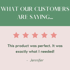 May include: Five pink stars with a white background and the text "This product was perfect. It was exactly what I needed! - Jennifer".