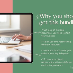 May include: Green background with white text that reads "Why you should get this bundle".  Four check marks with text describing the benefits of purchasing a bundle of legal documents for starting a business.  The text reads: "Get most of the legal documents you need to start your business", "Saves you time researching different resources", "Helps you future-proof your website from legal disputes", and "Frames your client's relationships with two different contract agreements".