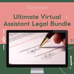 May include: A computer screen displaying a legal document with a pen signing it. The text on the document reads "On behalf of the Client". The screen is on a green background with the text "Vanessa's VA Solutions" and "Ultimate Virtual Assistant Legal Bundle" in white text. The text "G Suite" is in white text on a blue background.