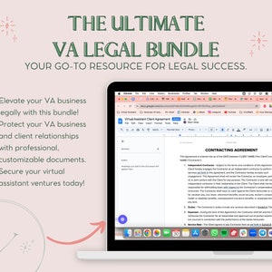 May include: A laptop computer screen displaying a legal document titled "Contracting Agreement". The document is a template for a virtual assistant business. The text on the screen reads "This Agreement is entered into as of the DATE between CLIENT NAME (the "Client") and YOUR NAME (the "Contractor")."