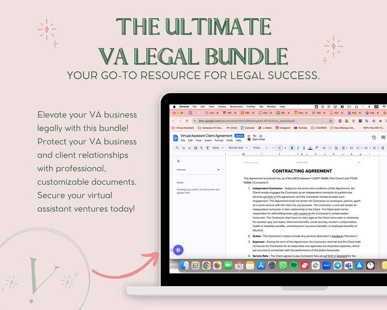 May include: A laptop computer screen displaying a legal document titled "Contracting Agreement". The document is a template for a virtual assistant business. The text on the screen reads "This Agreement is entered into as of the DATE between CLIENT NAME (the "Client") and YOUR NAME (the "Contractor")."