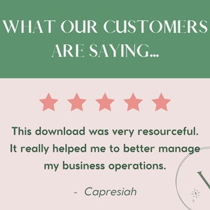 May include: Five stars and a customer testimonial stating "This download was very resourceful. It really helped me to better manage my business operations." - Capresiah