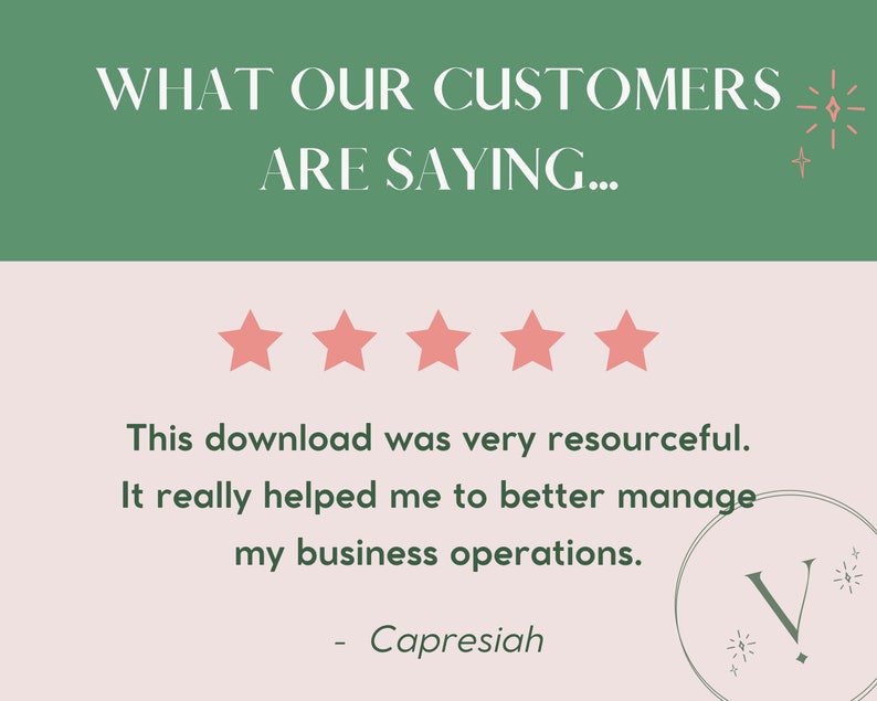May include: Five stars and a customer testimonial stating "This download was very resourceful. It really helped me to better manage my business operations." - Capresiah