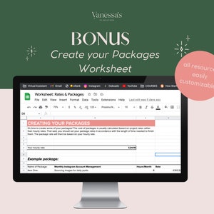 May include: A computer screen displaying a Google Sheets spreadsheet with the title "Worksheet: Rates & Packages". The spreadsheet is used to create pricing packages for services. The spreadsheet includes columns for "Name of Package", "Item One", "Hours/Month", and "Rate".