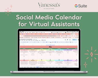 Op de afbeelding: Een laptopscherm waarop een Google Sheet te zien is met de titel "SM Calendar for Virtual Assistants". De sheet is een kalender voor de maand mei, waarbij elke dag een kleurcode heeft en tips en ideeën voor social media-inhoud bevat. De sheet is geopend in Google Chrome en de titelbalk toont het Google Suite-logo.