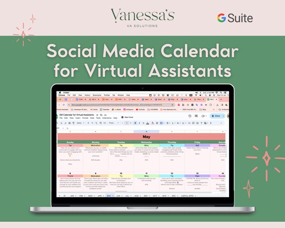 Social Media Content Calendar for Virtual Assistants, Google Sheets, Editable Template with Caption Copy