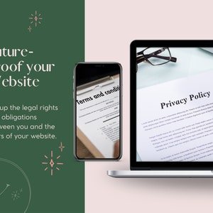May include: A laptop computer with a white privacy policy document open on the screen. A person is signing the document with a pen. A smartphone is next to the laptop with a document titled "Terms and Conditions" visible on the screen. The background is a green and pink color.
