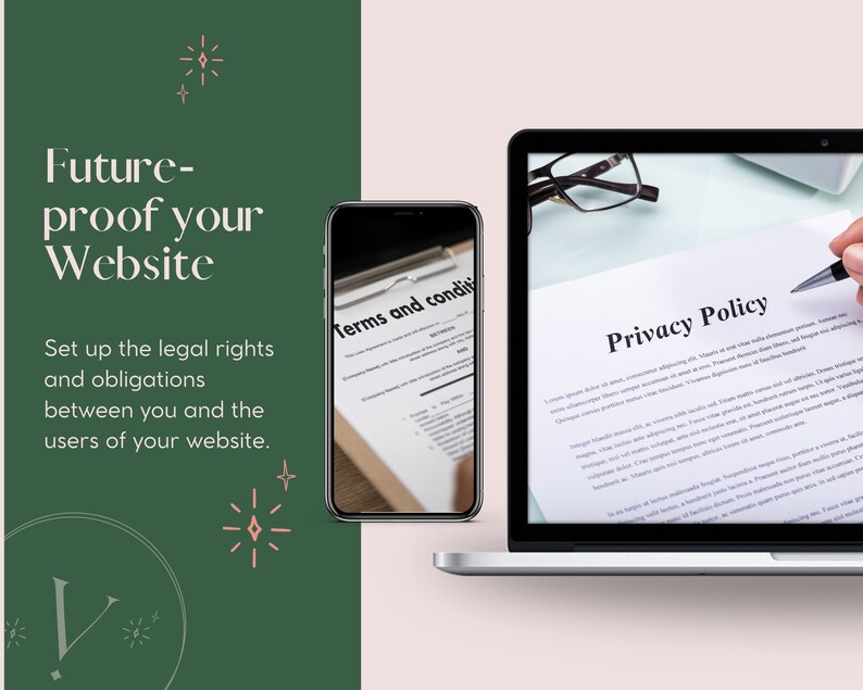 May include: A laptop computer with a white privacy policy document open on the screen. A person is signing the document with a pen. A smartphone is next to the laptop with a document titled "Terms and Conditions" visible on the screen. The background is a green and pink color.