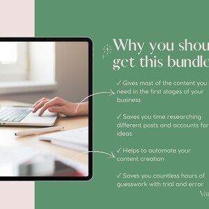 May include: A green background with white text that reads "Why you should get this bundle".  The text is followed by four bullet points with check marks.  The bullet points list the benefits of purchasing a bundle.  An image of a person's hands typing on a laptop is in the background.