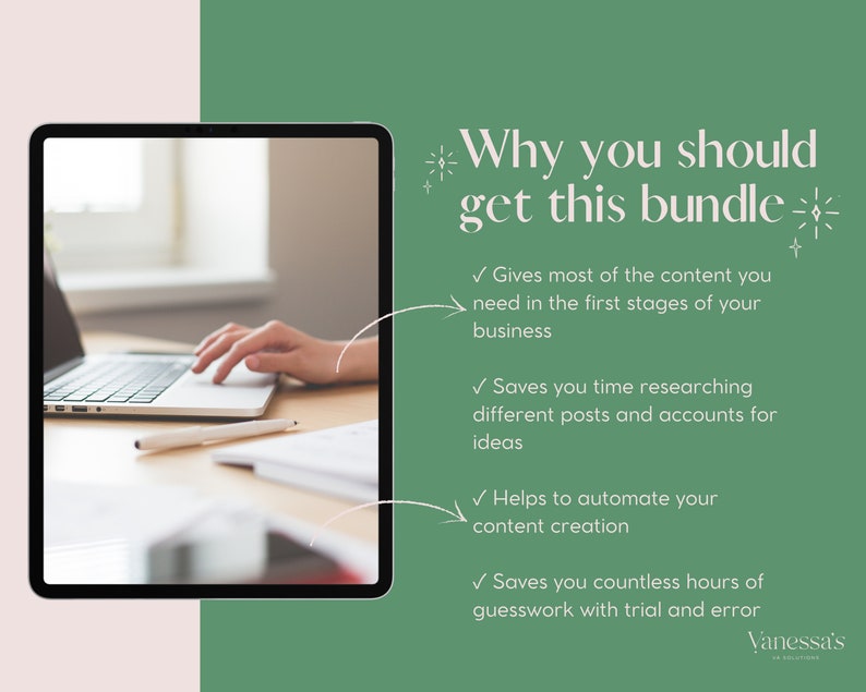 May include: A green background with white text that reads "Why you should get this bundle".  The text is followed by four bullet points with check marks.  The bullet points list the benefits of purchasing a bundle.  An image of a person's hands typing on a laptop is in the background.