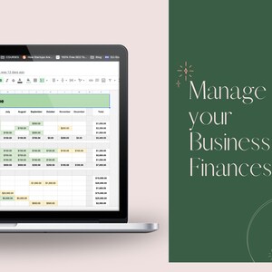 May include: A laptop computer screen displaying a spreadsheet with the title "Revenue" and columns for each month of the year. The spreadsheet is used to track business finances.