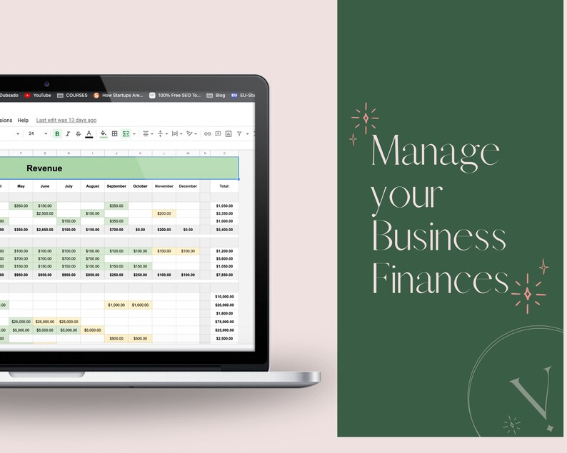 May include: A laptop computer screen displaying a spreadsheet with the title "Revenue" and columns for each month of the year. The spreadsheet is used to track business finances.