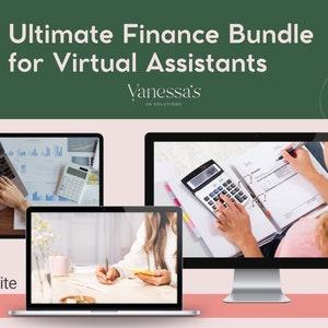 May include: A collage of three computer screens showing different aspects of financial management for virtual assistants. The screens show a laptop with a spreadsheet, a desktop computer with a calculator and a binder, and a laptop with a person writing on a notepad.