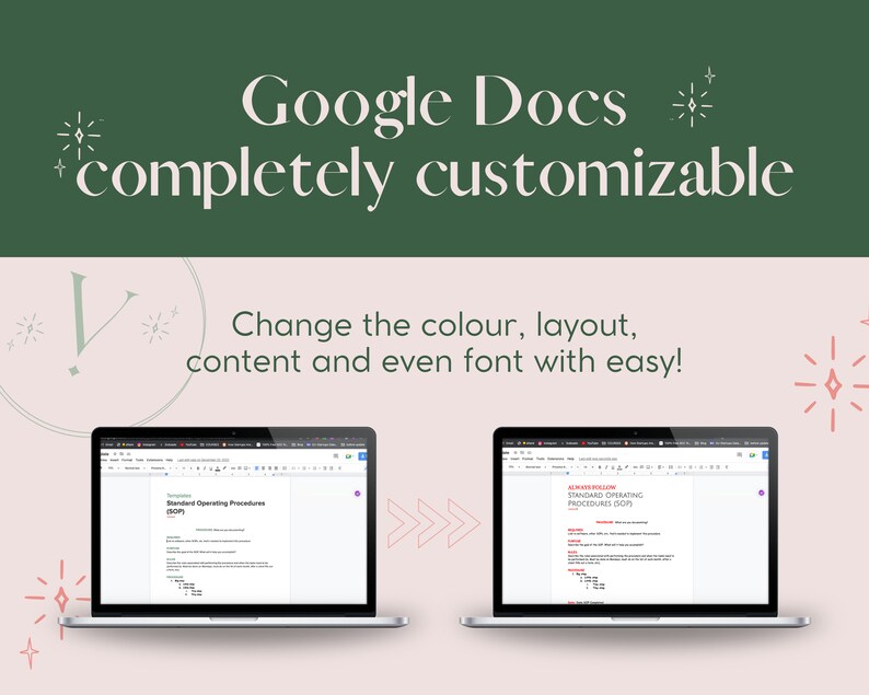 May include: A screenshot of a Google Docs document on a laptop screen. The document is titled "Standard Operating Procedures (SOP)" and is shown in two different color schemes. The text "Google Docs completely customizable" is displayed above the laptop screens. The text "Change the colour, layout, content and even font with easy!" is displayed below the laptop screens.
