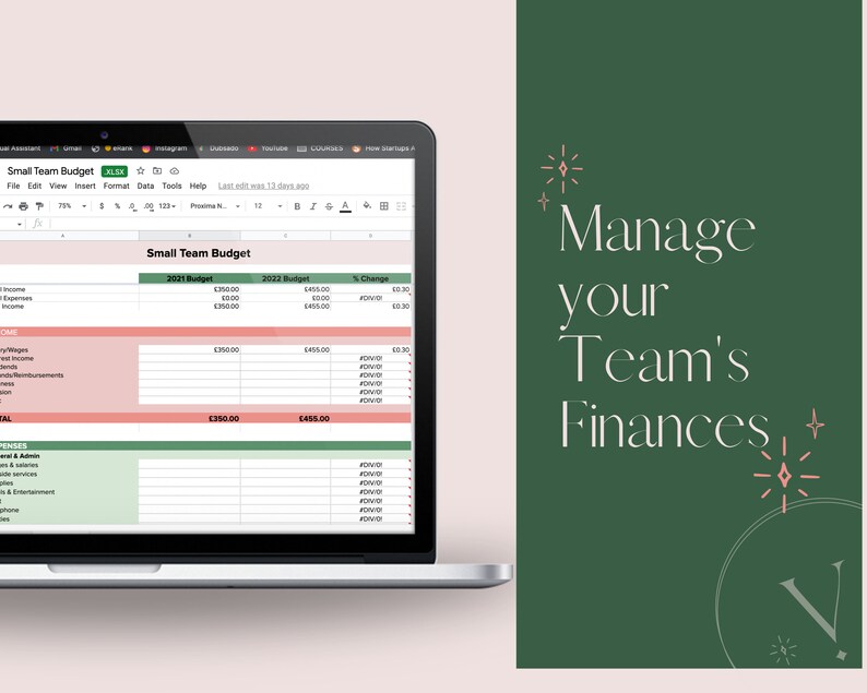 May include: A screenshot of a spreadsheet program showing a budget for a small team. The spreadsheet is titled "Small Team Budget" and includes columns for 2021 budget, 2022 budget, and % change. The spreadsheet is open on a laptop computer.