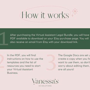 May include: A green and pink graphic with the text "How it works" in a circle. The graphic explains the steps to download and use a virtual assistant legal bundle. Step 1: Download the PDF. Step 2: Read the instructions. Step 3: Use the Google Docs templates.