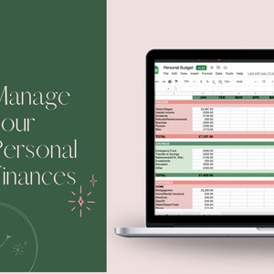 May include: A laptop screen displaying a spreadsheet titled "Personal Budget" with columns for income, savings, and expenses. The spreadsheet includes categories for salary/wages, interest income, dividends, business, and more. The spreadsheet also includes categories for emergency fund, retirement, education, and other savings. The spreadsheet includes categories for home, mortgage, insurance, electricity, gas, water/sewer/trash, and other expenses.