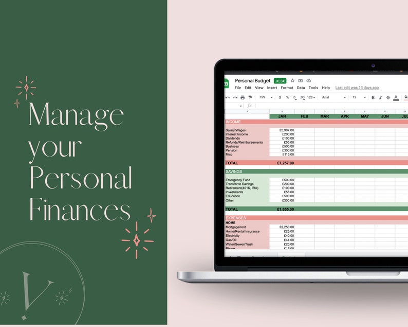May include: A laptop screen displaying a spreadsheet titled "Personal Budget" with columns for income, savings, and expenses. The spreadsheet includes categories for salary/wages, interest income, dividends, business, and more. The spreadsheet also includes categories for emergency fund, retirement, education, and other savings. The spreadsheet includes categories for home, mortgage, insurance, electricity, gas, water/sewer/trash, and other expenses.