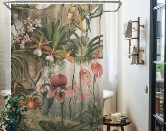 Vintage aesthetic floral shower curtain - orchid shower curtain, bathroom waterproof decoration, housewarming gift