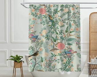 Green Botanical Shower Curtain Birds Vintage Bathroom Curtain with Hooks Floral Waterproof Home Decor Bathroom Housewarming Gift