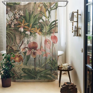 Vintage aesthetic floral shower curtain - orchid shower curtain, bathroom waterproof decoration, housewarming gift