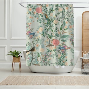 Green Botanical Shower Curtain Birds Vintage Bathroom Curtain with Hooks Floral Waterproof Home Decor Bathroom Housewarming Gift