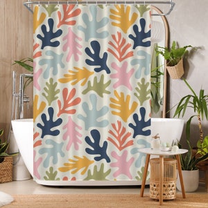 Coral Waterproof Shower Curtain, Boho Mid-Century Abstract Pattern, Stylish and Eco-Friendly Bathroom Decor, Comes with Hooks