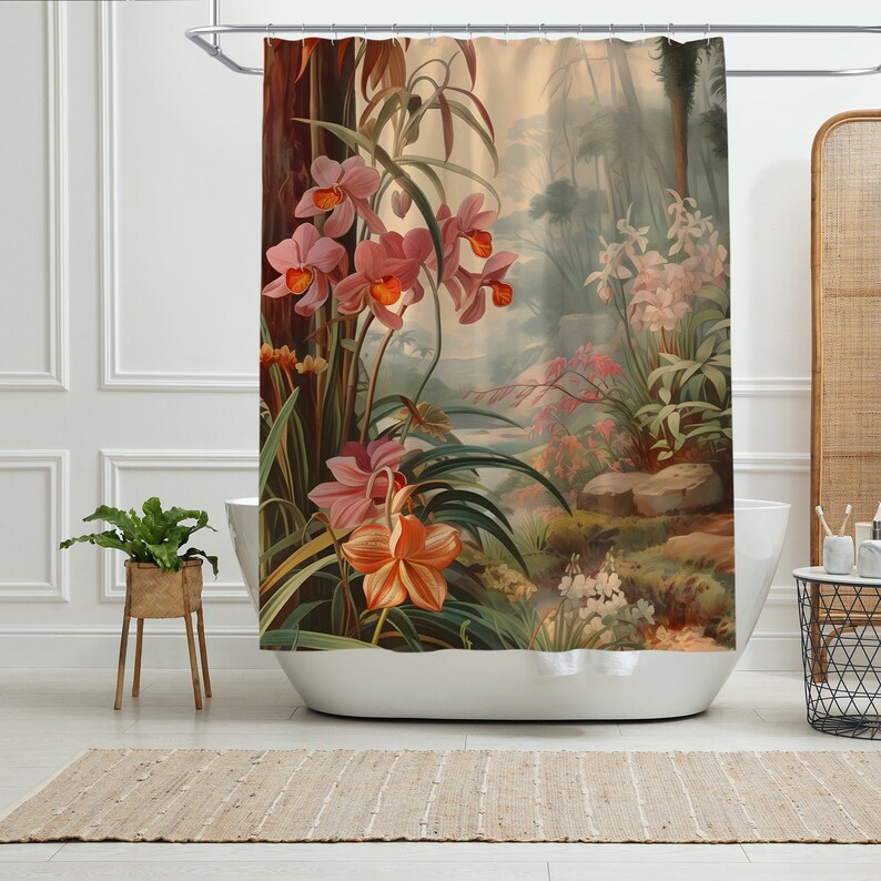 Colorful Vintage Floral Shower Curtain, Botanical Shower Curtain