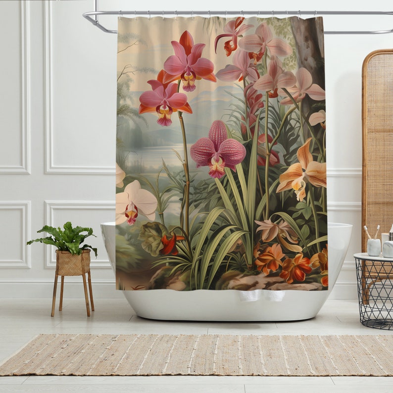 Colorful Vintage Floral Shower Curtain, Botanical Shower Curtain