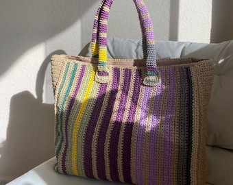 Borsa in filato di carta lavorata a maglia Borsa a tracolla casual estiva in corda di carta Borsa foderata in maglia lavorata a mano Borsa all'uncinetto Borsa color marrone chiaro casual