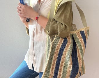 Bolso tote de crochet a rayas hecho a mano, bolso de hombro de rafia estilo vintage