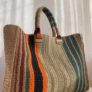 Gehäkelte Wochenend-Tasche, Bunte Vintage Wochenende häkeln Einkaufstasche mit bunten Nähten Design, große gehäkelte Reisetasche, Mesh-Einkaufstasche