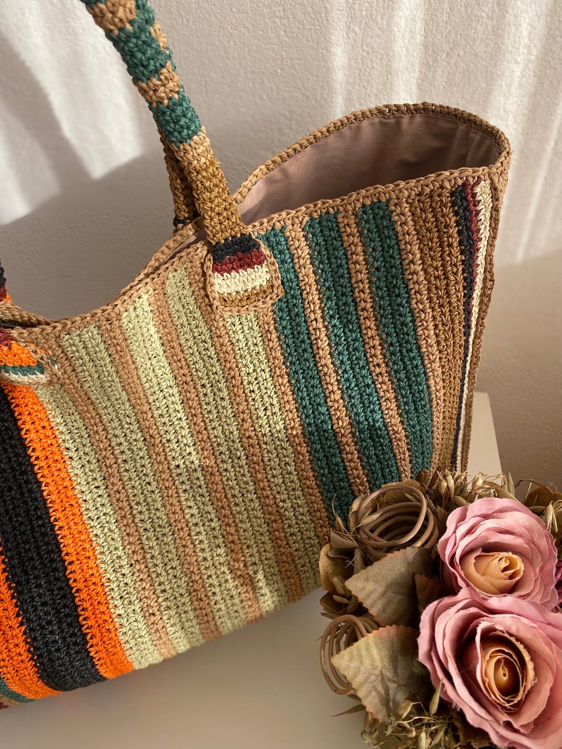 Summer Shoulder Bag,Knitted Colour Bag Crochet Bag Big Knitted Bag Straw Summer Bag Raffia bag,autumn colors. zdjęcie 2