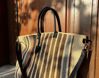 Braune gehäkelte Einkaufstasche: Vintage Style Ledergriff