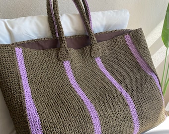 Crochet Paper Rope Tote Bag: Striped Beach Bag, Handmade