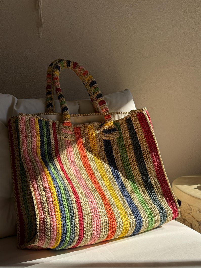 Bolsa de mano de crochet colorida XL: bolso de mano vintage con puntada de abuela. imagen 5