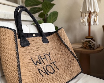 Crochet Raffia Tote Bag: Embroidered Beach Bag, Weekend Handbag