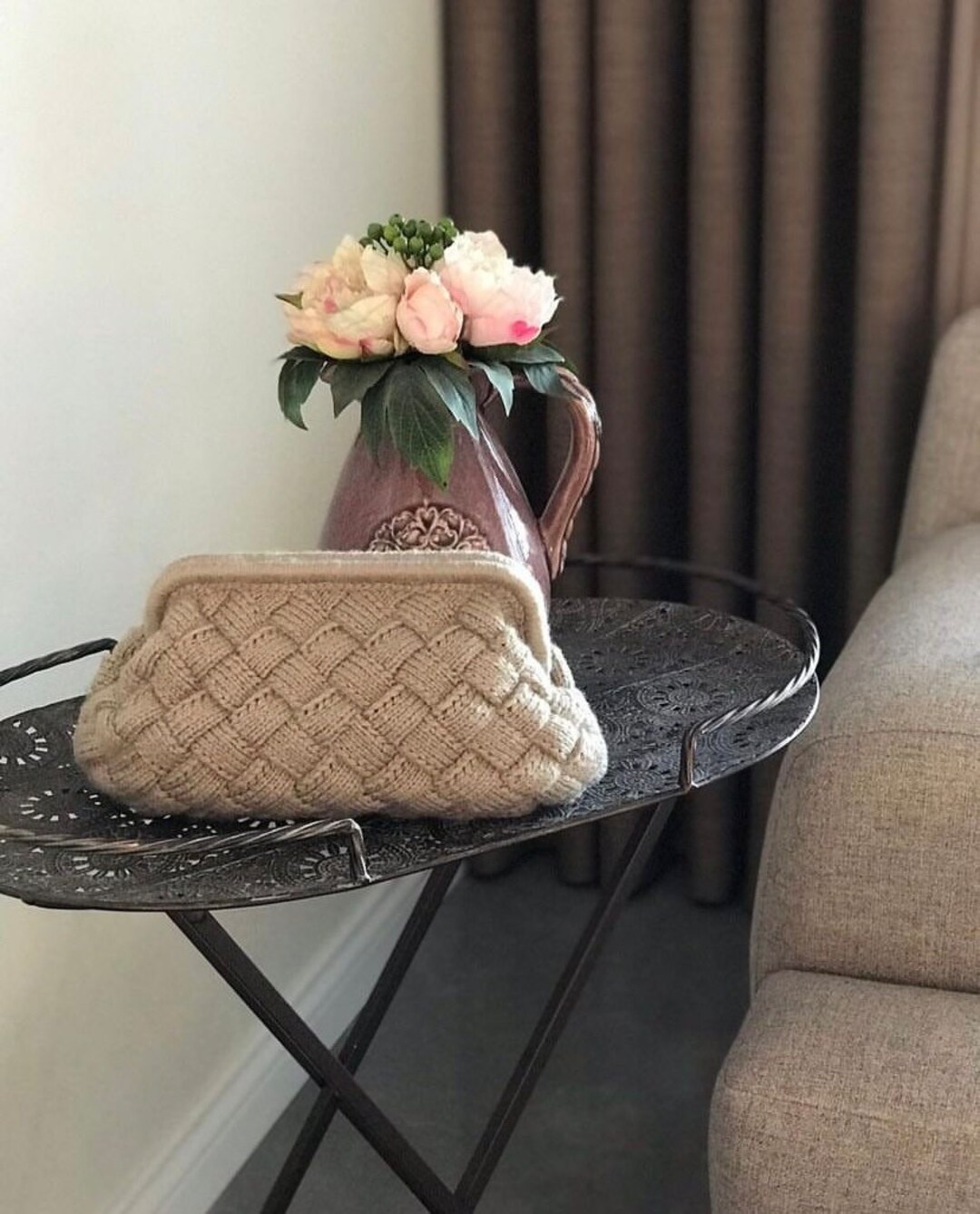 Puzzle Pouch Clutch Bag, Gray Cotton Macrome Yarn Handcrafted Clutch