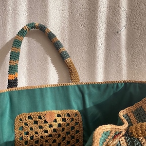 knitted paper yarn bag Paper rope summer casual shoulder handbag handmade knitted lined bag crochet bag tan color bag casual zdjęcie 3