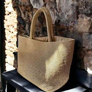 Gestrickte Papier Garn Tasche Häkeln Papier Seil Sommer Lässige Schulter Handtasche Handgemachte Gestrickte Gefütterte Tasche Häkeln Tasche Tan Farbe Tasche Lässig