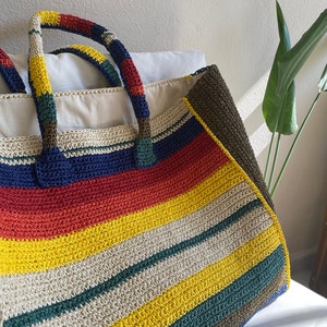 knitted paper yarn bag Paper rope summer casual shoulder handbag handmade knitted lined bag crochet bag tan color bag casual zdjęcie 2