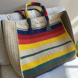 knitted paper yarn bag Paper rope summer casual shoulder handbag handmade knitted lined bag crochet bag tan color bag casual zdjęcie 1