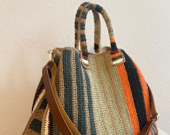 Handgefertigt gehäkelte Weekender Bag-L Reisetasche mit Lederriemen