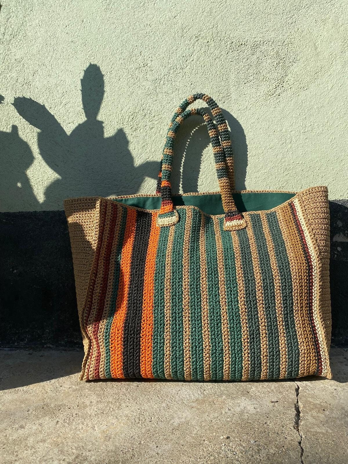 Large Crochet Raffia Fringed Tote Bag: Handmade Market Bag