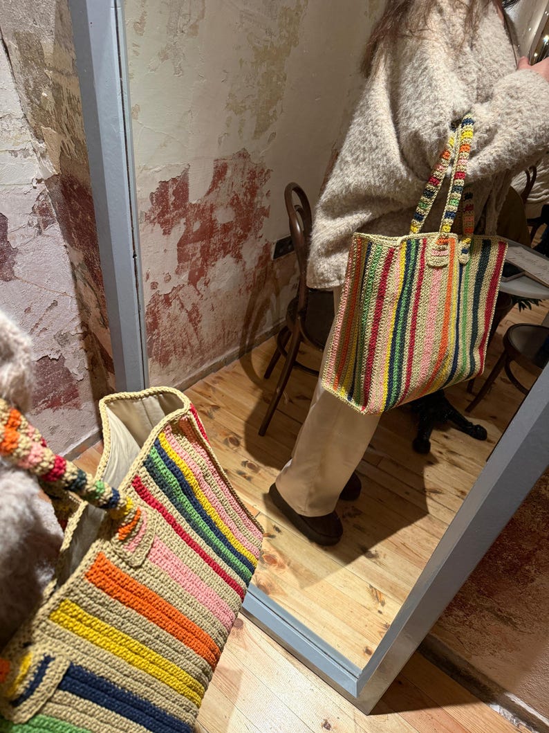 Bolsa de mano de crochet colorida XL: bolso de mano vintage con puntada de abuela. imagen 11