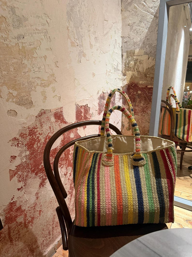 Bolsa de mano de crochet colorida XL: bolso de mano vintage con puntada de abuela. imagen 10